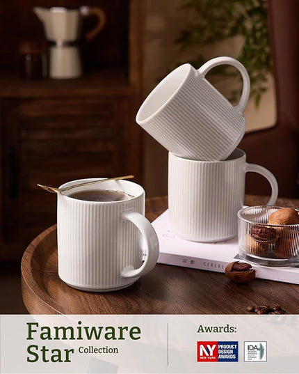 famiware Coffee Mug Set for 6, Star 16 oz Catering Mugs Cup Set with Handle for Coffee, Tea, Cocoa, Milk - Ceramic Stoneware Drinkware Set, Matte White