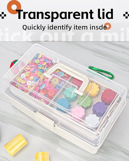12.5in 3-Layer Multipurpose Craft Organizers and Storage with Adjustable Dividers, Portable Tackle Box, Folding Art & Craft Case for Medicine, Tool, Sewing Organizer (White)
