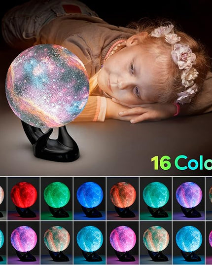 BRIGHTWORLD 7.1inch Galaxy Lamp 16 Colors Moon Lamp 3D Printing, Remote & Touch Control USB Rechargeable, Birthday Gifts for Women Room Decor Aesthetic（Black Hand Base）