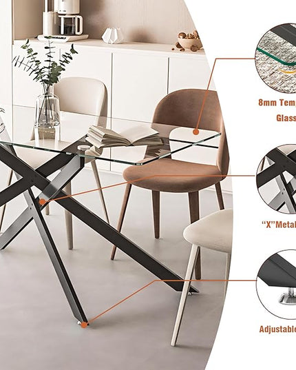 Modern 5-Piece Glass Dining Table Set for 4, Modern 60" Rectangle Black Glass Dining Room Table Set with Orange Velvet Tufted Chairs Wood Legs for Kitchen Dining Room