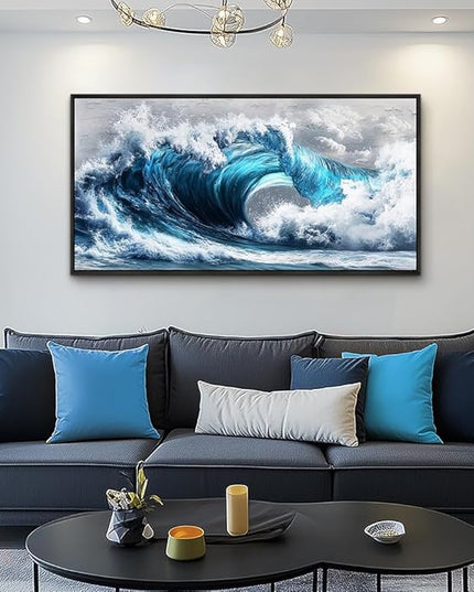 PHAOHUAXM Large Canvas Wall Art For Living Room Wall Decor For Bedroom Ocean Inspiration Wall Pictures Office Mural Decorations Posters Blue Wave Paintings Modern Home Decor Black Framed 24x48 In