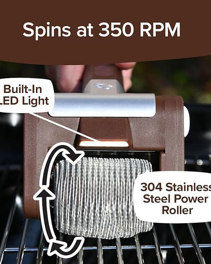 Horsepower Giddy Up GOLD Bristle-Free Spinning Grill Brush w/LED & Longer Run Time, Cordless/Rechargeable, 304 Stainless Steel Power Roller Blasts Away Burnt-On Food, No Bristles No Preheating 350 RPM