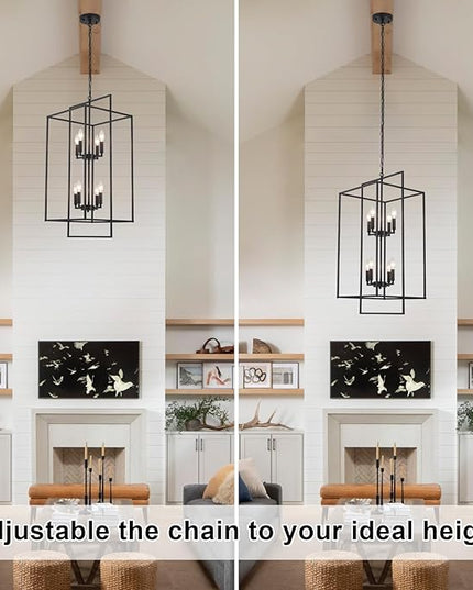 Black Farmhouse Chandelier, Extra Large Tiered Lantern Pendant Light 15.75" Entryway Light Fixture, Industrial Staircase Chandelier for Foyer Entryway Hallway, Lacquered Black(8 Lights)