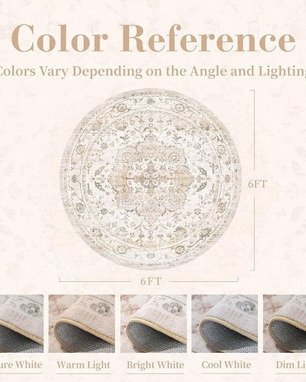 PADOOR-Vintage 6FT Round Rug-Rugs for Living Room-Soft Beige Circle Rug-Machine Washable Rugs for Bedroom-Non Slip Carpet-Rug for Dining Room Living Room Bedside Office