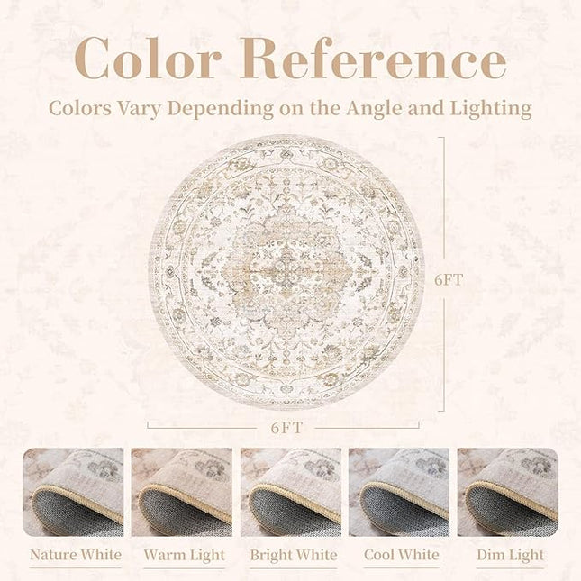 PADOOR-Vintage 6FT Round Rug-Rugs for Living Room-Soft Beige Circle Rug-Machine Washable Rugs for Bedroom-Non Slip Carpet-Rug for Dining Room Living Room Bedside Office