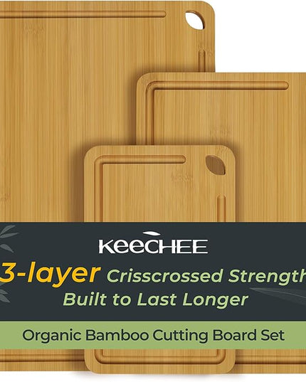 Wood Cutting Board for Kitchen - Reversible Bamboo Cutting Boards Gift Set of 3 with Juice Groove, Wooden Chopping Board for Meat, Fruit, Vegetables & Cheese (Pre Oiled, Natural)