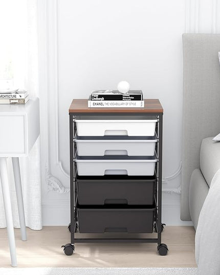 Utility Cart with 5 Drawers,Storage Drawer Cart with Wooden Tabletop and Lockable Wheels,Craft Storage Trolley Cart,5-Tier Rolling Utility Cart on Wheels,Dark Grey