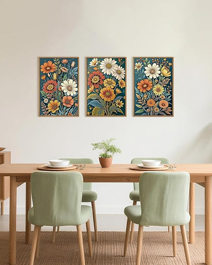HOURIA Boho Vintage Floral Framed Canvas Wall Art Set,Nordic Retro Colorful Wildflower & Green Leaves Wall Decor,Abstract Vibrant Bouquet Botanical Artwork for Living Room, Bedroom,Farmhouse-24"x36"x3