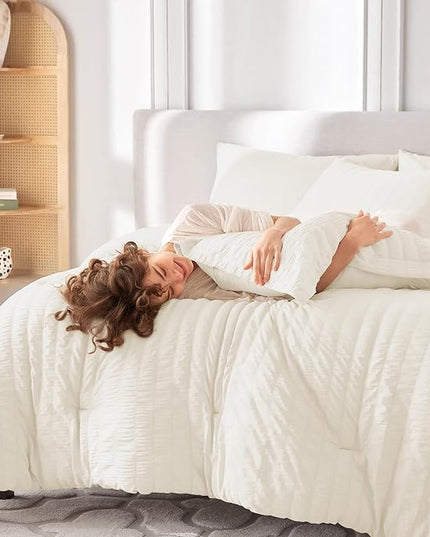 MUXHOMO 5 Pieces Twin Comforter Set, Seersucker Bed in a Bag Twin Size, All Season Luxury Bedding Set with Comforter, Flat Sheet, Fitted Sheet, Pillowcase & Sham, Ivory