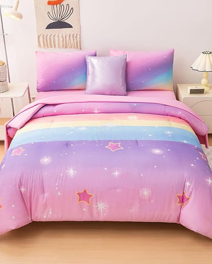 Rainbow Bedding Set Twin Size – 6-Piece Reversible Girls Comforter with Deep-Pocket Sheet, Gradient Galaxy Design, Whole-Piece Filling, Machine Washable Bed-in-a-Bag for Kids Room Makeover & Gifts