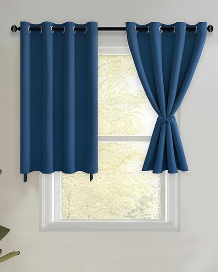 JIUZHEN Short Curtains Kitchen Half Window Blackout Curtains with Tiebacks for Baseroom Shadows, Grommet Curtains for Living Room, Set of 2 Window Curtain Panels, 52 x 36 Inch Length，Classic Blue