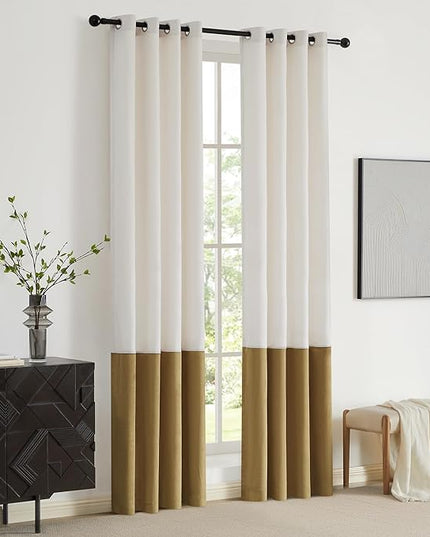 BULBUL Color Block Window Curtains Panels 108 inches Long Cream Ivory Gold Velvet Farmhouse Drapes for Bedroom Living Room Darkening Treatment with Grommet Set of 2