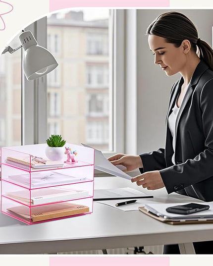 Harloon 4 Tier Acrylic Paper Tray 12.4 x 8.7 x 2.7 Inches Stackable Letter Clear Organizer No Need to Assemble Acrylic Paper Organizer File Tray for Office Workspace Desktop Storage(Transparent Pink)