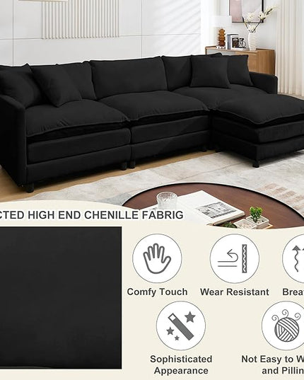 Modular Sectional Sofa,108.27'' Modern Corduroy Sofa Set for Living Room with 3 Seat & 1 Ottoman & 3 Pillows, Comfy Cloud Couches with Movable Ottoman, DIY Combination, Chenille (Black, L Shaped)