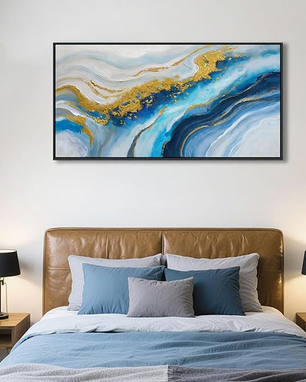 Abstract Canvas Blue Wall Art for Living Room - Modern Gold Wall Art, Office Wall Decor, Above Bed Wall Decor, Large Pictures for Bedroom Framed Artwork for Walls 20×40IN