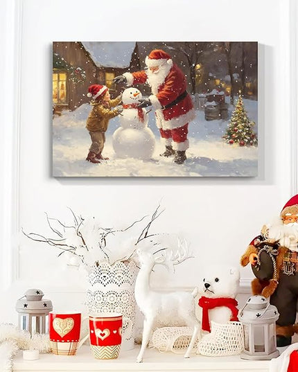 YONICA Christmas Wall Decor Santa Canvas Wall Art Home Decorations 16x12 Inches - Santa Pictures Santa Claus and Children Building a Snowman Christmas Pine Tree Prints Winter Painting Xmas Artworks