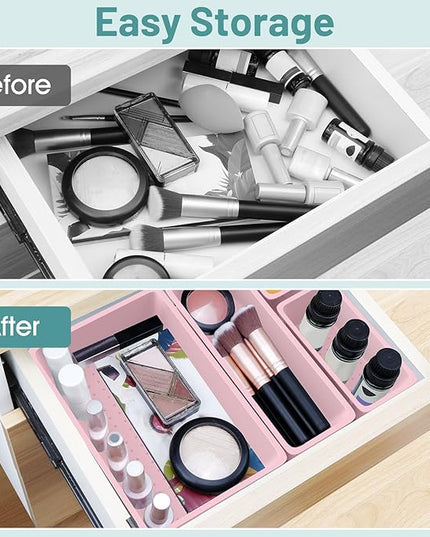 WOWBOX 25 PCS Plastic Drawer Organizer Set, 4 Sizes Desk Drawer Divider Organizers and Storage Bins for Makeup, Jewelry, Gadgets for Kitchen, Bedroom, Bathroom, Office, Pink