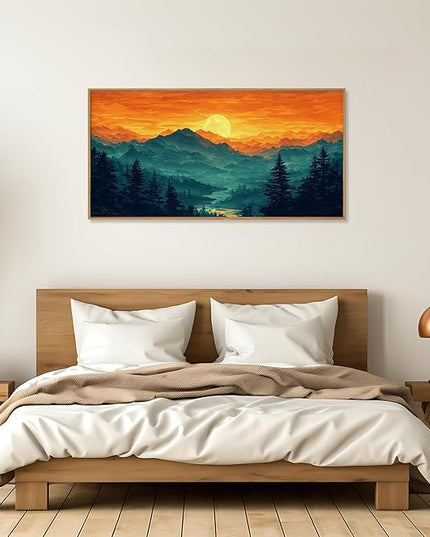 HOURIA Large Sunrise Mountain Forest Landscape Framed Canvas Wall Art Set,Orange Sky Green Ridge Wall Decor,Nature Pine Tree Artwork,Boho Watercolor Art Print for Living Room, Bedroom- 40"x20"x1