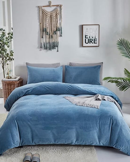 Houseri Velvet Blue Comforter Set Queen Light Bedding Fluffy Dusty Flannel Sets Furry Lake Sherpa Comforters Warm Fuzzy Blanket Queen(90''*90''-Comforter)