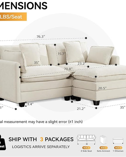 76'' Cloud Deep Seat Loveseat Sofa, Upholstered Chenille Modular 3-Seats Sectional Sofa Couch with Movable Ottoman, Modern Comfy Settee Loveseat for Living Room Set, Small Apartment, Beige