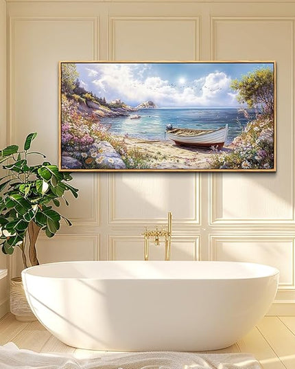 Wood Farmed Large Wall Decor For Living Room Canvas Wall Art For Office Modern Wall Decorations For Bedroom The Sea Boat Landscape Painting Farmhouse Pictures Artwork Room Home Decor 24x48 In