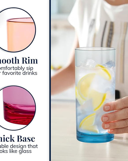 US Acrylic Classic Plastic Reusable Drinking Glasses (Set of 6) 24oz Iced Tea Cups Assorted Colors | BPA-Free Tumblers, Made in USA | Top-Rack Dishwasher Safe
