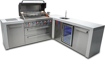 Mont Alpi MAi805-D90BEV L-shaped 6-Burner 115000 BTU Premium Deluxe Modular Stainless Steel Outdoor Kitchen Island BBQ Gas Grill + Beverage Center + Granite Countertops + Grill Cover + Rotisserie Kit