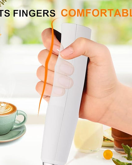 YUSWKO White Handheld Milk Frother Wand with Stand for Coffee, Rechargeable Electric Whisk with 3 Heads 3 Speeds Drink Mixer Coffee Frother For Latte, Cappuccino, Hot Chocolate, Egg