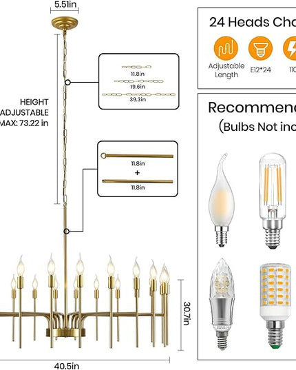 Gold Chandelier 24 Light Large Modern Farmhouse Chandeliers for Dining Room Light Fixture, 40" Round Candle Large Chandeliers for High Ceilings Living Room Foyer Entryway