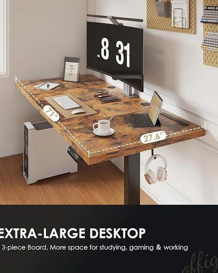 OffiGo Electric Standing Desk with 3-Piece Board, 71 Inch Height Adjustable Large Desk with Power Outlets, Sit Stand Table, Writing Computer Desk for Home, Office, Workstation, Rustic Brown
