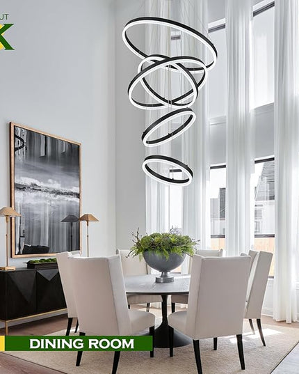 5-Rings Modern LED Chandelier Black High Ceiling Chandelier with Remote Control Dimmable Pendant Lighting for Dining Room Foyer Living Room Entryway Staircase(3000K-6500K, D23.6’’)
