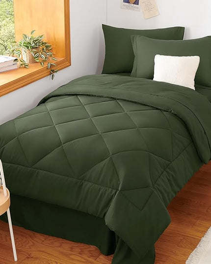 CozyLux Twin XL Comforter Set Olive Green - 5 Pieces Twin Extra Long Bed in a Bag for College Dorm, All Season Bedding Set for Girls and Boys, Soft Bed Set with Comforter, Sheets, Pillowcase & Sham