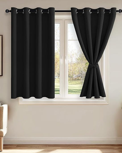 JIUZHEN Black Blackout Curtains with Tiebacks - Thermal Insulated, Light Blocking and Noise Reducing Grommet Curtains for Bedroom and Living Room, Set of 2 Window Curtain Panels, 52 x 45 Inch Length