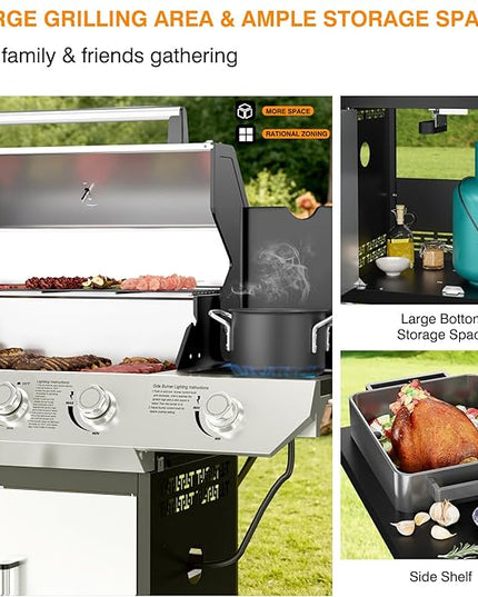 4-Burner Propane Gas Grill with Side Burner Led Knob, 60,000 BTU Stainless Steel Outdoor BBQ Grill with Porcelain-Enameled Cast Iron Grates for Outdoor Cooking