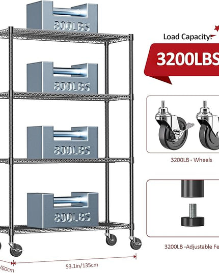 IZEUK Garage Shelving Wide Storage Shelves 4 Tier Metal Shelves 3200 LBS Heavy Duty Adjustable Utility Shelf Rack Black 23.6" D x 53.1" W x 73.6" H