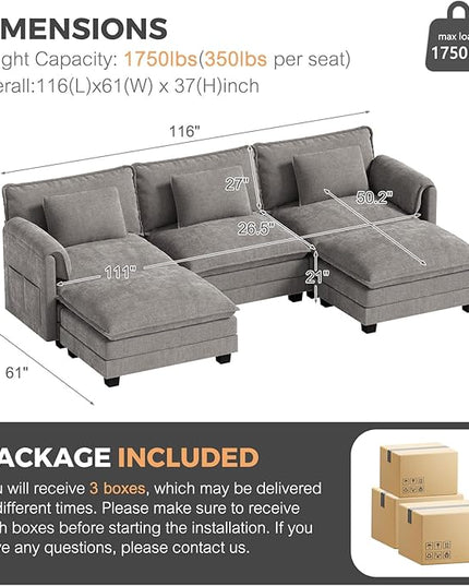ELUCHANG Oversized 116" Modular Sectional Sofa, Comfy Cloud Couch, U Shaped Deep Seat Sofa Couches for Living Room, 5-Seater Modern Sofa with Movable Ottoman, DIY Combination - Chenille Light Grey