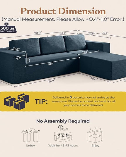 106" Modular Sectional Couch Left/Right Facing Convertible, L-Shape Modern Teddy Sofa, Deep Seat Upholstered Foam Couch for Living Room Bedroom, No Assembly Required (Blue, Teddy Boucle)