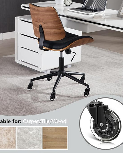 Home Office Desk Chair with Wheels, Adjustable Height Armless Office Chair, PU Leather Mid Back 360° Small Computer Chair, Modern Walnut Chair No Arms for Office, Reading Meeting Room(Black)