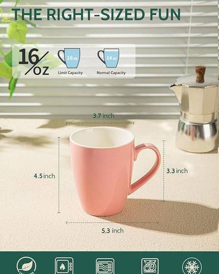 Sweese Porcelain Coffee Mugs - 16 Ounce (Top to the Rim) for Coffee, Latte, Tea, Cocoa, Set of 4, Pink