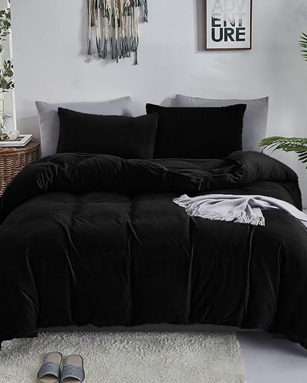 Luxlovery Black Velvet Comforter Set King Men Plush Fluffy Black Bedding Set Dark Color Minimalist Bedding Set Solid Modern Blanket Quilts Winter Warm Flannel Comforter Set for King Bed
