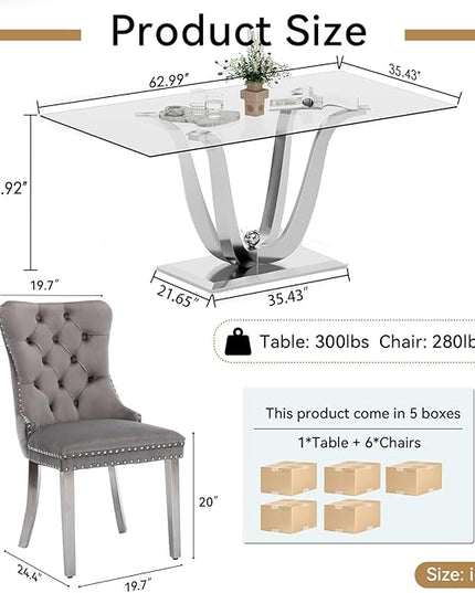 70" Modern Silver Glass Dining Table Set for 6, 7-Piece Rectangle Kitchen Dining Room Table Set with Steel Base & 6 Grey Velvet Upholstered Chairs, Modern Glass Kitchen Table and Chairs Set of 6