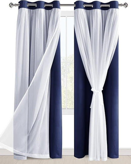 Hiasan Blackout Curtains with Sheer Overlay 84 Inches Long, Thermal Insulated Mix & Match Double Layer Window Curtains for Bedroom, Living Room, Nursery, 2 Panels with Tiebacks, Navy Blue, 42W X 84L