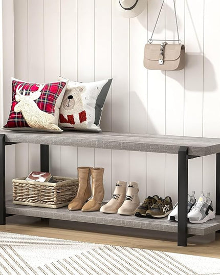 FOLUBAN Entryway Bench, Vintage Wood and Metal Shoe Bench for Hallway Front Door Entrance, Farmhouse Indoor Shoe Storage Bench Seat for Bedroom, Living Room, Light Grey, 47 Inch