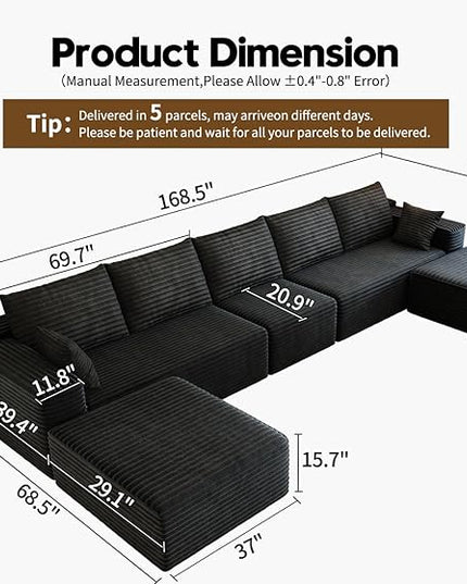 168.5" Modular Sectional Sofa, Oversized U-Shaped Minimalist Couches with 1 Middle Seat and 2 Ottomans Chaise, Modern Deep Seat Convertible Sleeper Sofa, Cloud Plush Corduroy Fabric,7 Seater, Black