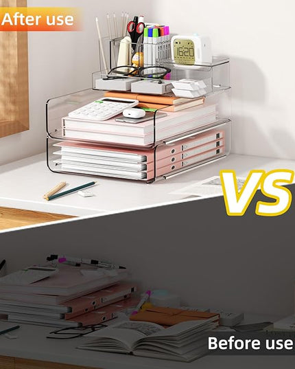 YKLSLH Paper Organizer Letter Tray - Acrylic Stackable Desk File Organizer with 5-Gird Tray and Pencil Holder, Clear Paper Sorter Office Organizer for Letter/A4, Office File Ipad Books Notes Etc