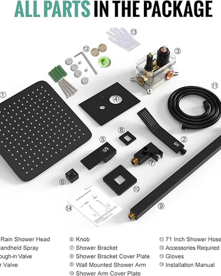 SR SUN RISE 12 Inches Matte Black Shower System 12 Inch Brass Bathroom Luxury Rain Mixer Shower Combo Set Wall Mounted Rainfall Shower Head System Shower Faucet Rough-in Valve Body and Trim Included