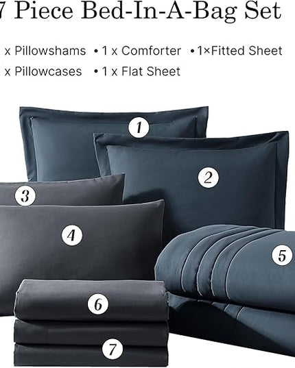 Monbix King Size Comforter Set - 7 Pieces Bed in a Bag King, Blue Gray Bedding Sets with Comforter, All Seasons Comforter Bed Set with Sheets, Pillowcases & Shams