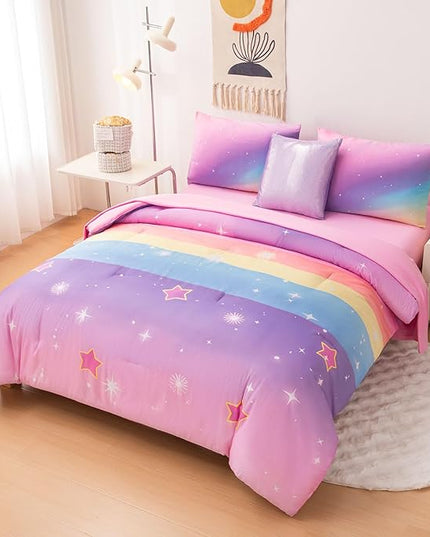 Rainbow Bedding Set Twin Size – 6-Piece Reversible Girls Comforter with Deep-Pocket Sheet, Gradient Galaxy Design, Whole-Piece Filling, Machine Washable Bed-in-a-Bag for Kids Room Makeover & Gifts
