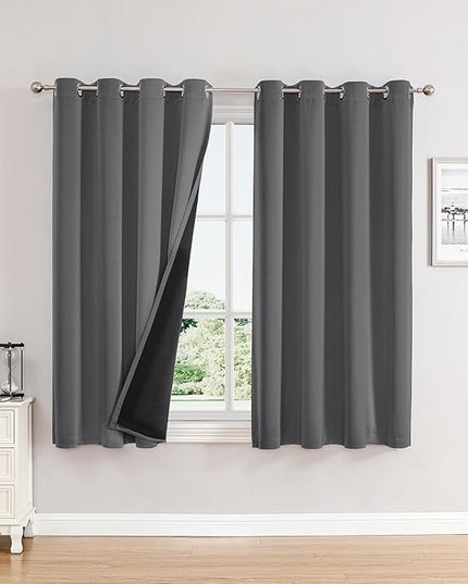 ChrisDowa 100% Blackout Curtains for Bedroom with Black Liner, 2 Thick Layers Total Blackout Thermal Insulated Grommet Window Curtains 2 Panels Set (Grey, 52 x 54 Inch)