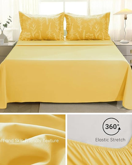 MUXHOMO Bright Yellow Bed in a Bag Queen 7 Pieces, Queen Comforter Set Reversible Botanical Flowers Design, Ultra Soft & Breathable Bedding Sets with Comforter, Sheets, Pillowcases & Shams